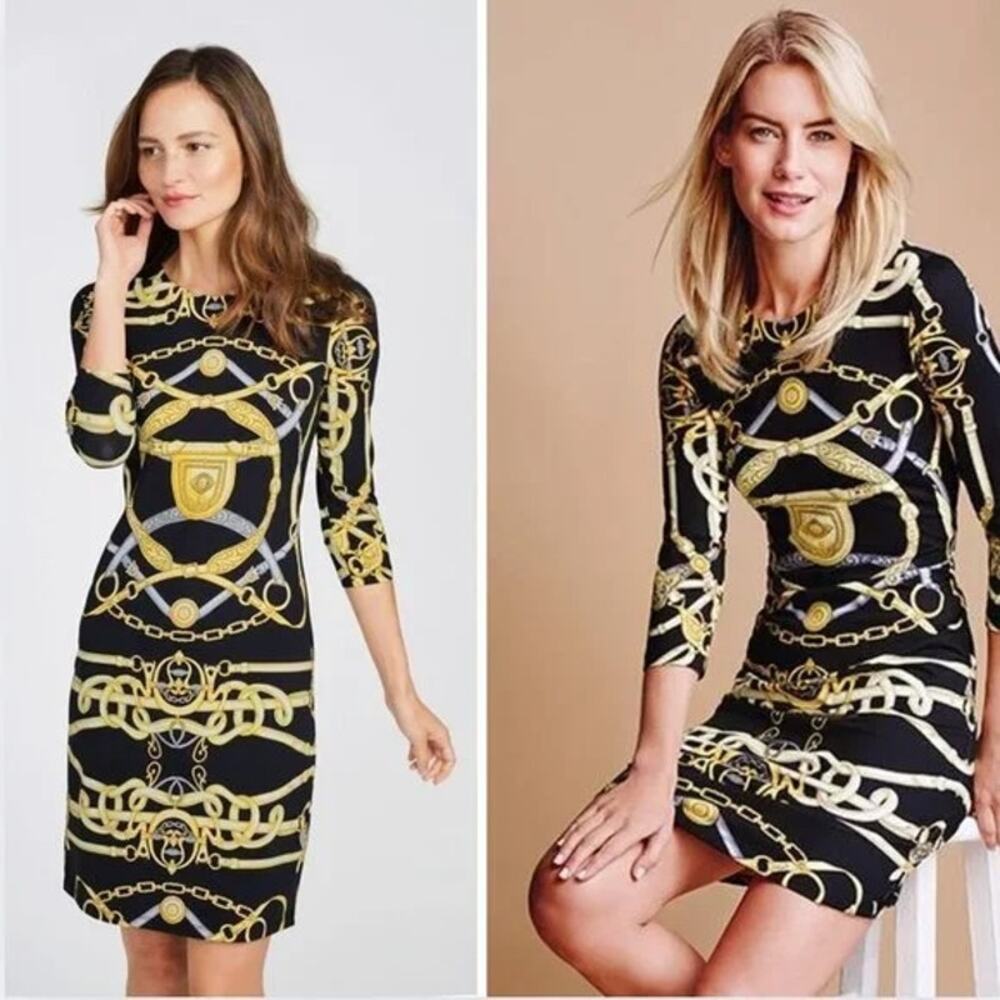 J. Mclaughlin Women's Sophia Dress Black Gold Cheshire Chain Print Size XS